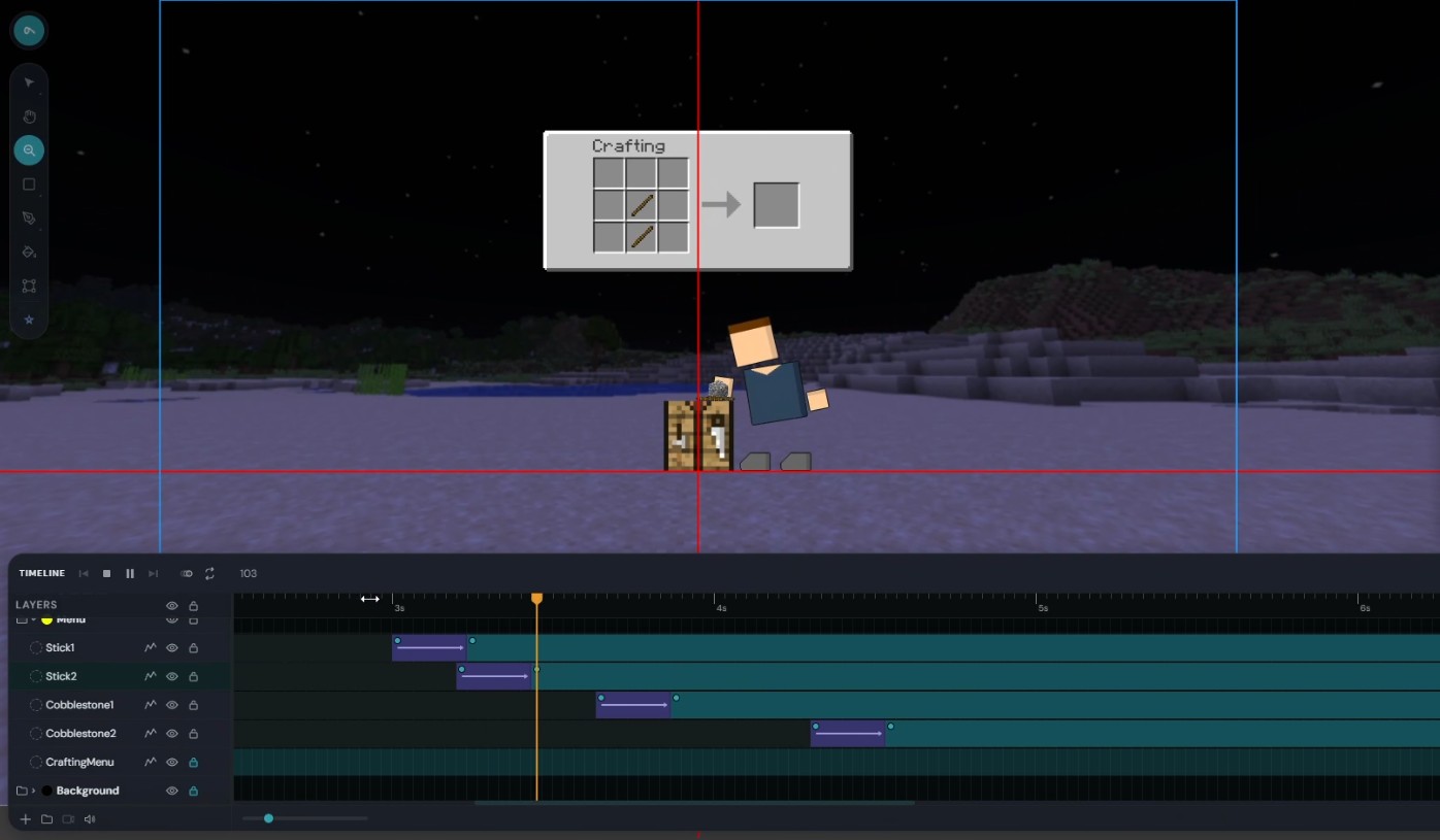A Minecraft character crafting at a crafting table, with the item layers shown on the Sclera timeline