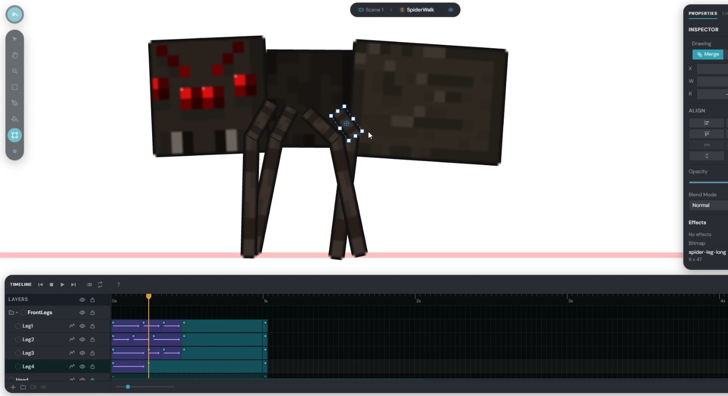 A Minecraft spider walk cycle with its leg layers keyframed on the Sclera timeline